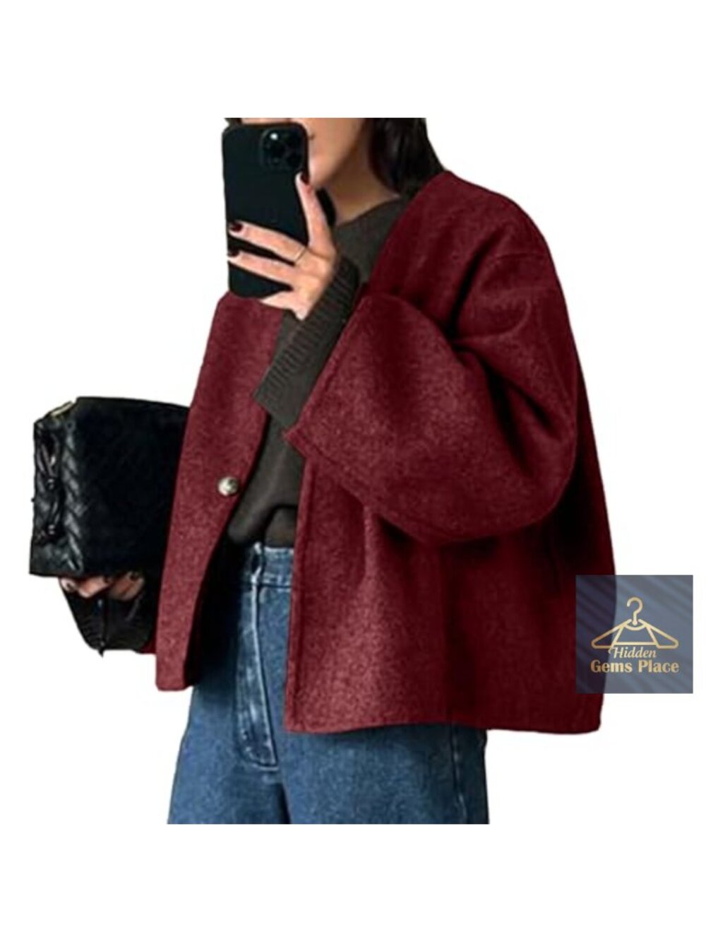 Wool Blend Cropped Pea Coat Women's Long Sleeve Collarless V-Neck Button Casual